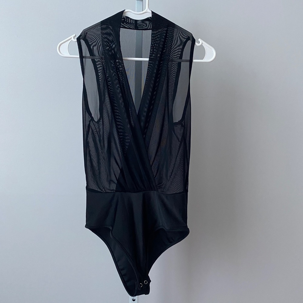 Whimsigoth Sheer Witchy Office Siren MobWife Mesh Surplice Bodysuit Small Black